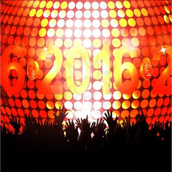 New Year Party 2016 with Glowing Disco Ball and Crowd