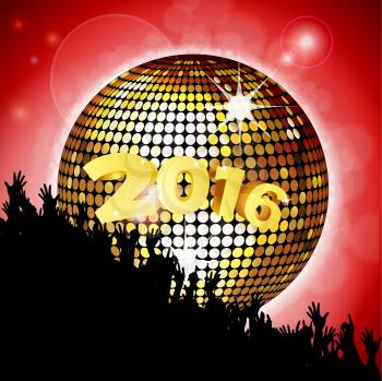 New Year Party 2016 with Crowd and Disco Ball Over Red Glowing Background