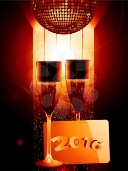 2016 Celebration Background with Champagne Glasses Disco Ball and Gold Message Tag