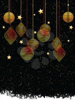Golden and Red Christmas Baubles Over Black Background with Stars
