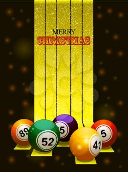 Bingo Balls and Merry Christmas Text Over Golden Stripes with Snow on Black Glowing Background