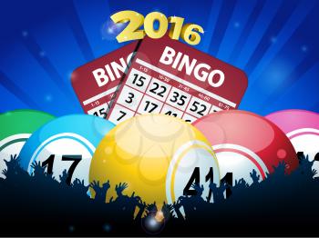 Bingo Balls Cards and Crowd 2016 Over Blue Background