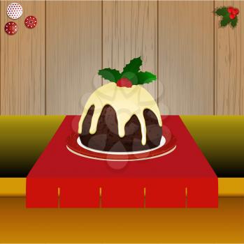Christmas Pudding with Holly on Tabletop Over Wooden Background