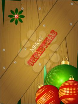 Christmas Portrait Wooden Background with Baubles Holly and Text