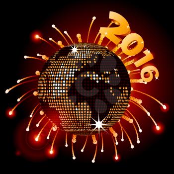 World Map Disco Ball Celebrating 2016 New Years Over Fireworks