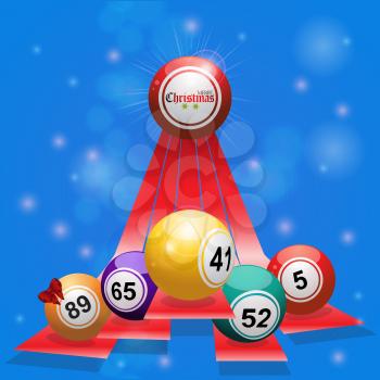 Christmas Bingo Balls and Bow Over 3D Red Stripes on Blue Glowing Background