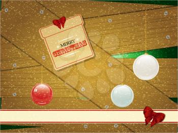 Festive Timbers and Screws Background with Snow Tag Baubles and Bow