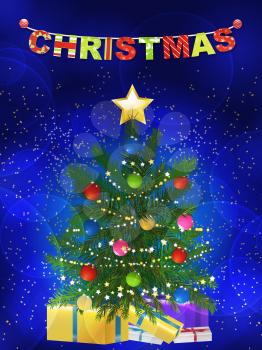 Christmas Tree Present and Bunting Letters Over Blue Glowing Background
