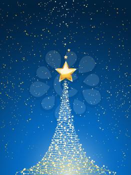 Golden Glowing Christmas Tree and Star Over Blue Portrait Background