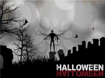 Halloween Black and White Background with Devil Over a Tombstone