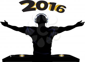 DJ Silhouette with Headphones Record Decks and 2016 in Bold Numbers Background