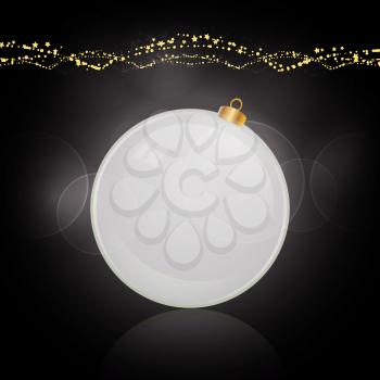 White 3D Christmas Bauble Over Black Glowing Background with Golden Decorations