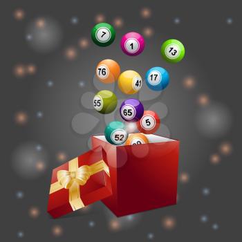 3D Bingo Balls Coming Out From Red Gift Box with Ribbon and Bow Over festive Background
