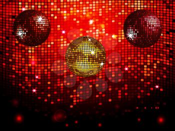Three Disco Balls Over a Red Tiles Sparkling Wall Background