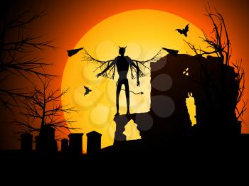Halloween Background with Devil Bats and Moon
