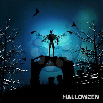 Halloween Grunge Background with Evil Angel Bats Moon and Trees