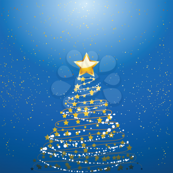 Golden Glowing Christmas Tree and Star Over Blue Background