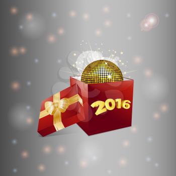 Christmas Red Box with 2016 Text and Disco Ball Over Glowing Background