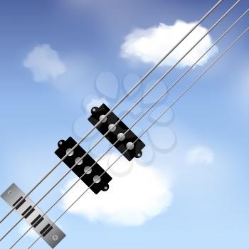 Air Bass Guitar Strings and Microphone Over Blue Sky with Clouds