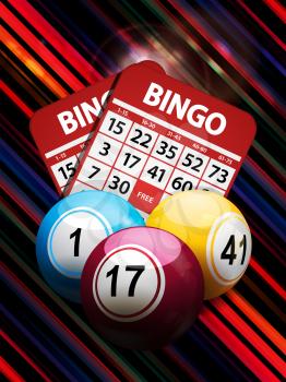Bingo Balls and Cards Over Glowing Abstract Striped Background