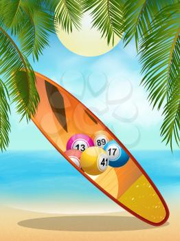 Surfboard with Bingo Lotto Balls Design on Tropical Beach with Palm Tree Background