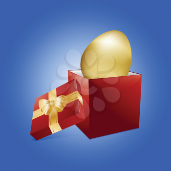Golden 3D Easter Egg Coming Out From a Red Gift Box with Bow and Ribbon