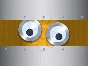 Cartoon Style Eyes Over Orange Background with Metallic Frame