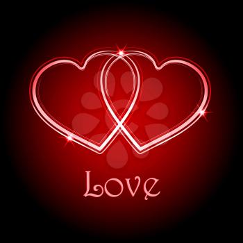 Two Interlocked Neon Red Hearts Over Black and Red Background