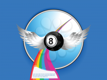 Bingo Ball Number Eight with Wings Over Metallic Border and Rainbow with Sample Text on Blue Background
