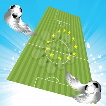 Flying Footballs Soccer Pitch with European Yellow Stars Over Star Burst Sky with Fooballs with Wings