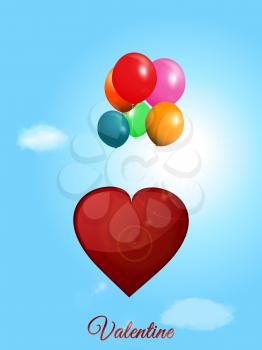 Red Valentine Heart Flying with Balloons Over Blue Sunny Sky with Lens Flares and Text
