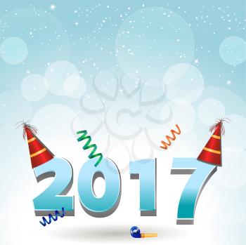 New Year Twenty Seventeen in Numbers with Party Hats Over Blue Background With Snow