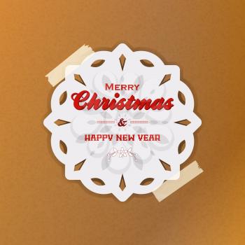 White Snowflake with Marry Christmas and Happy New Year Text Hanging with Sellotape Over Brown Paper Background