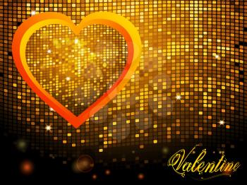 Red Yellow Heart Shaped Frame with Sparkling Mosaic Over Disco Wall Background with Text