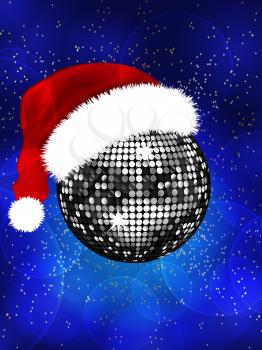 Santa Hat on Silver Disco Ball Over Blue Glowing Festive Background with Stars