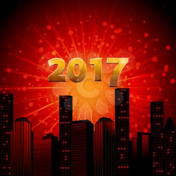 Red Abstract City Scape with Star Burst and 2017 in Numbers Background
