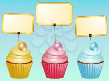Three Cupcake with Easter Eggs and Blank Labels Over Blue Background