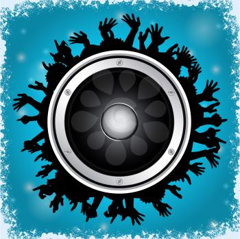 Loudspeaker Surrounded by Crowd Silhouette Over Blue Glowing Background