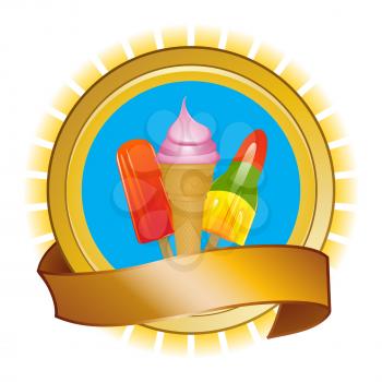 Ice Cream and Ice Lollies Over Golden Rounded Shield with Blank Banner