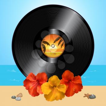 3D Illustration of a Black Vinyl Record Disc and Hibiscus Flowers Over Summer Beach Background