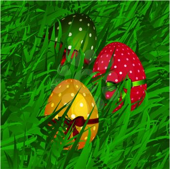 3D Illustration of Close Up Decorated Easter Eggs with Ribbon and Bow Over Green Grass