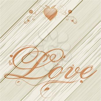 Wood Panel Background with Love Text and Floral Heart