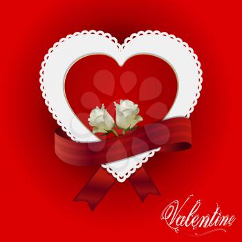 Red Valentine Card with Ribbon Roses and Text Over Dark Red Background
