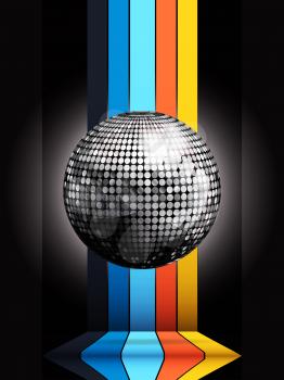 3D Illustration of Silver Disco Ball on Multicoloured Stripes Structure Over Black Background