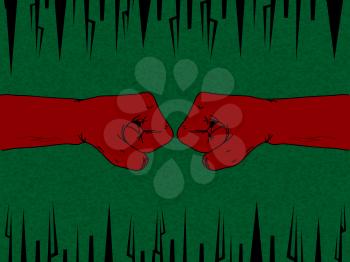 Two Red Fist Facing Each Other Hand Drawn Over Green Textured Vintage Background