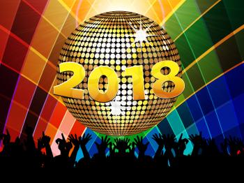 New years Twenty Eighteenth Celebration Multicoloured Background with Disco Ball Crowd and 2018 in Numbers