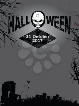 Halloween Decorative Text with Skull and Date Over Dark Creepy Background with Trees Graveyard and Bats