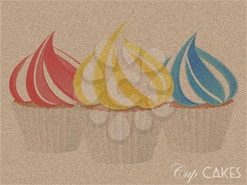 Cup cakes print on vintage brown material with decorative text