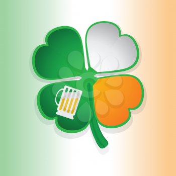 St Patricks's Shamrock with Coloured Petals And Beer Glass Over Green White and Orange Background