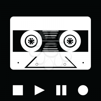 White Silhouette of Vintage Music Tape Cassette and Play Stop Pause and Record Buttons Over Black Background